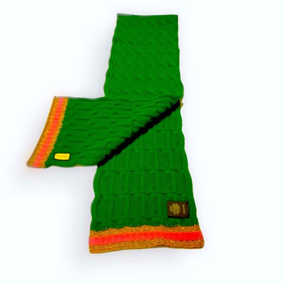 Auth Gucci Green Wool Cable Knit Scarf Pink Metallic Gold Knit Trim Ex+ Stole - Picture 2 of 11